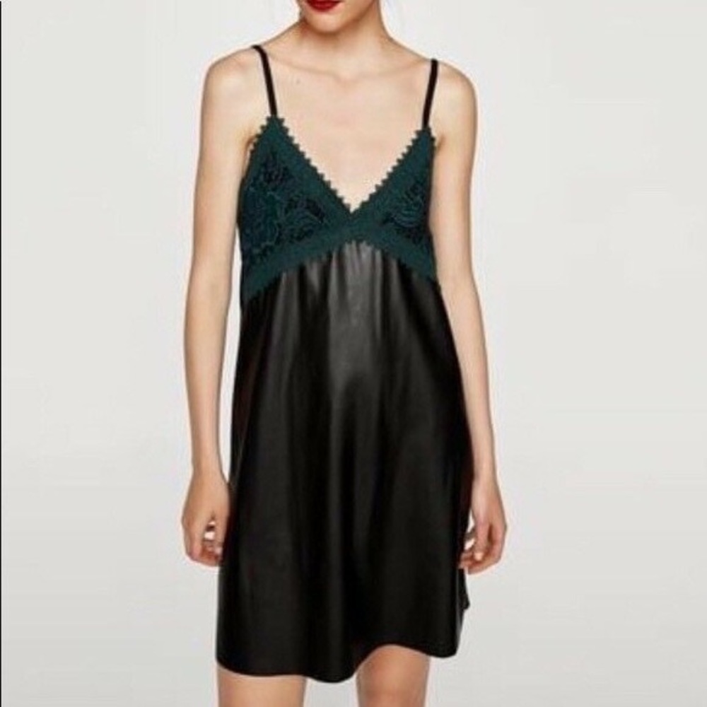Black leather and teal lace crochet dress never worn